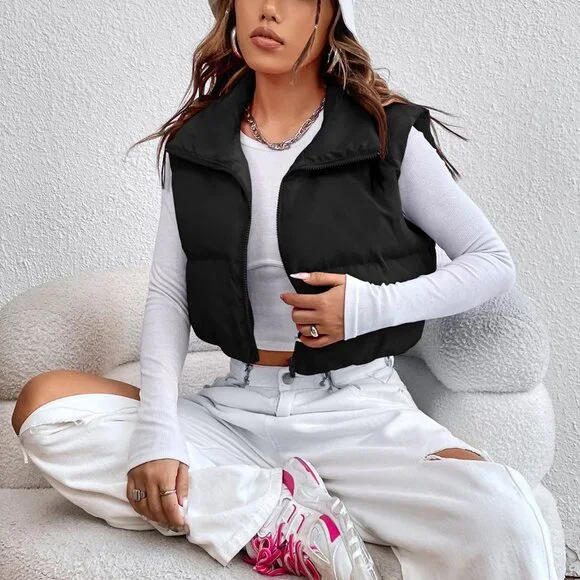 Black Casual Women's Zipper Front Vest Padded Coat - Picture 1 of 6